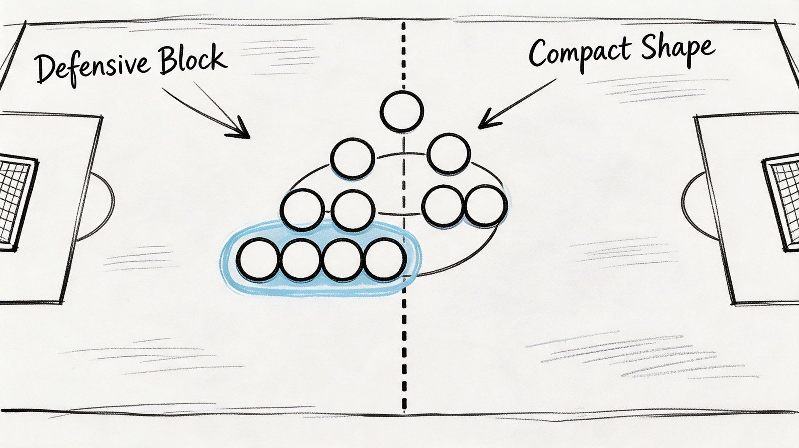 A tactical soccer diagram illustrating a compact defensive block formation on a field with position markers.