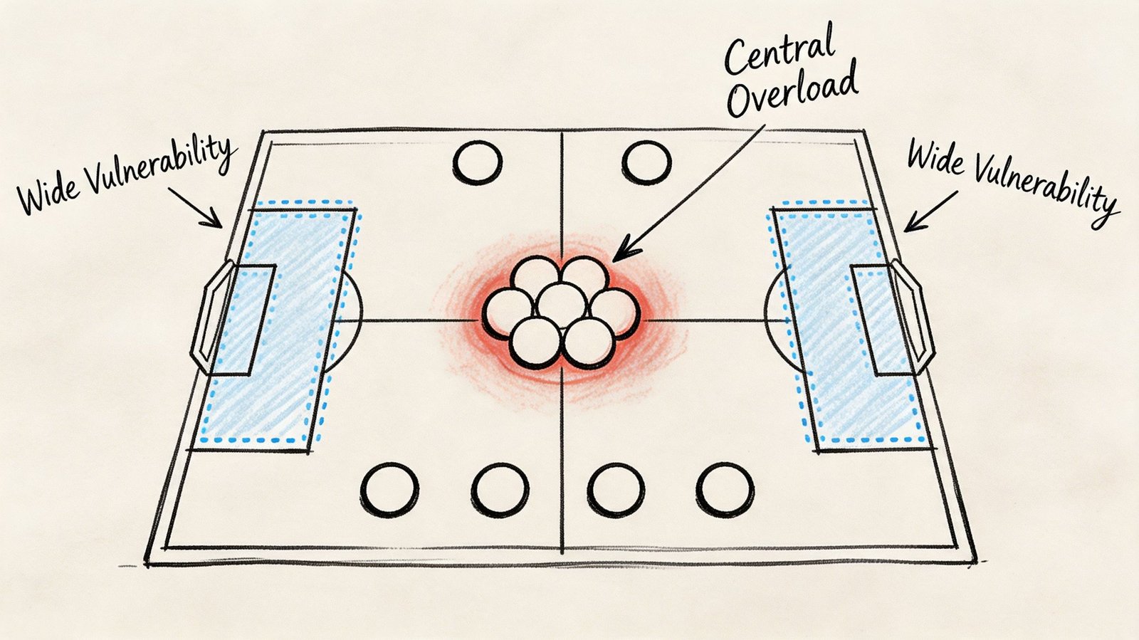 A soccer field diagram illustrating a central overload formation with wide vulnerabilities on both flanks.