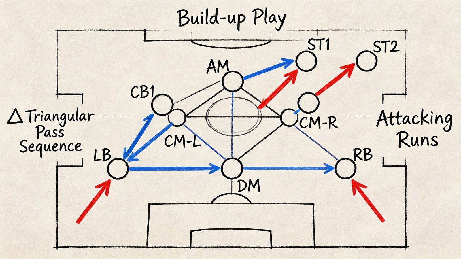 A tactical diagram showing a soccer build-up play strategy using a 4-4-2 diamond formation.