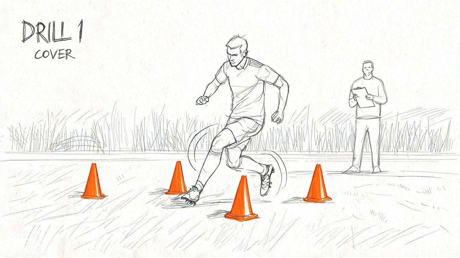 A pencil sketch of a soccer player performing an agility drill with cones, monitored by a coach.