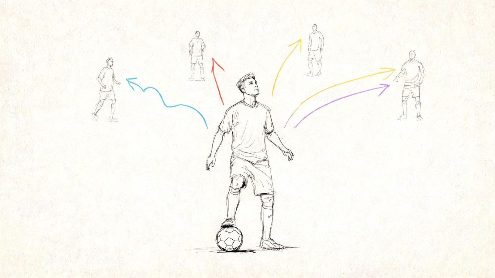 A central soccer player deciding between four different passing options to teammates marked by colorful arrows.