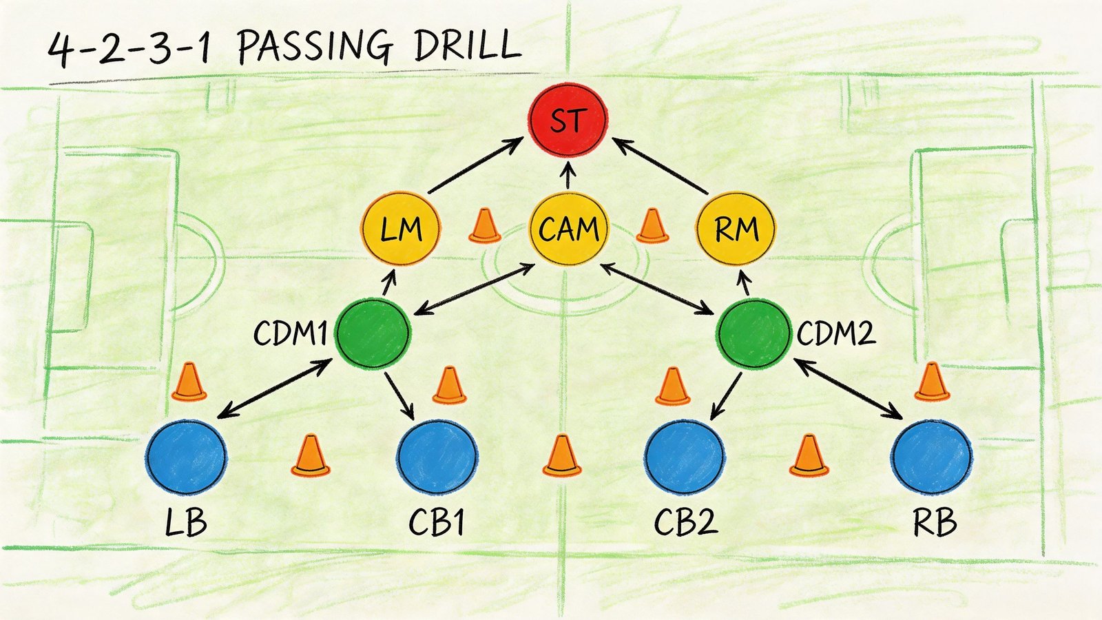 A diagram illustrating a soccer 4-2-3-1 passing drill with player positions marked on a field.