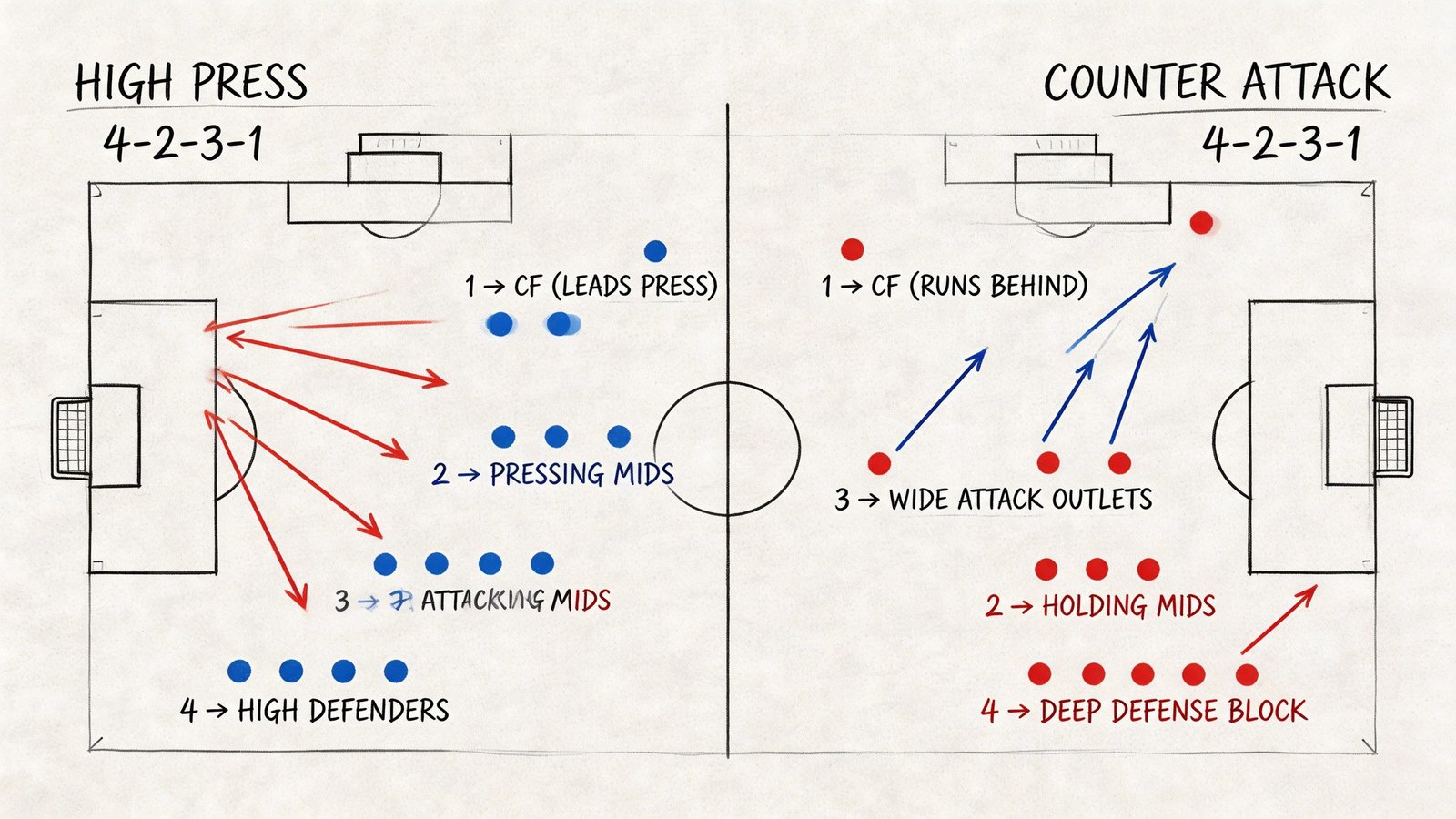A diagram comparing high press and counter attack soccer tactical strategies in a 4-2-3-1 formation.