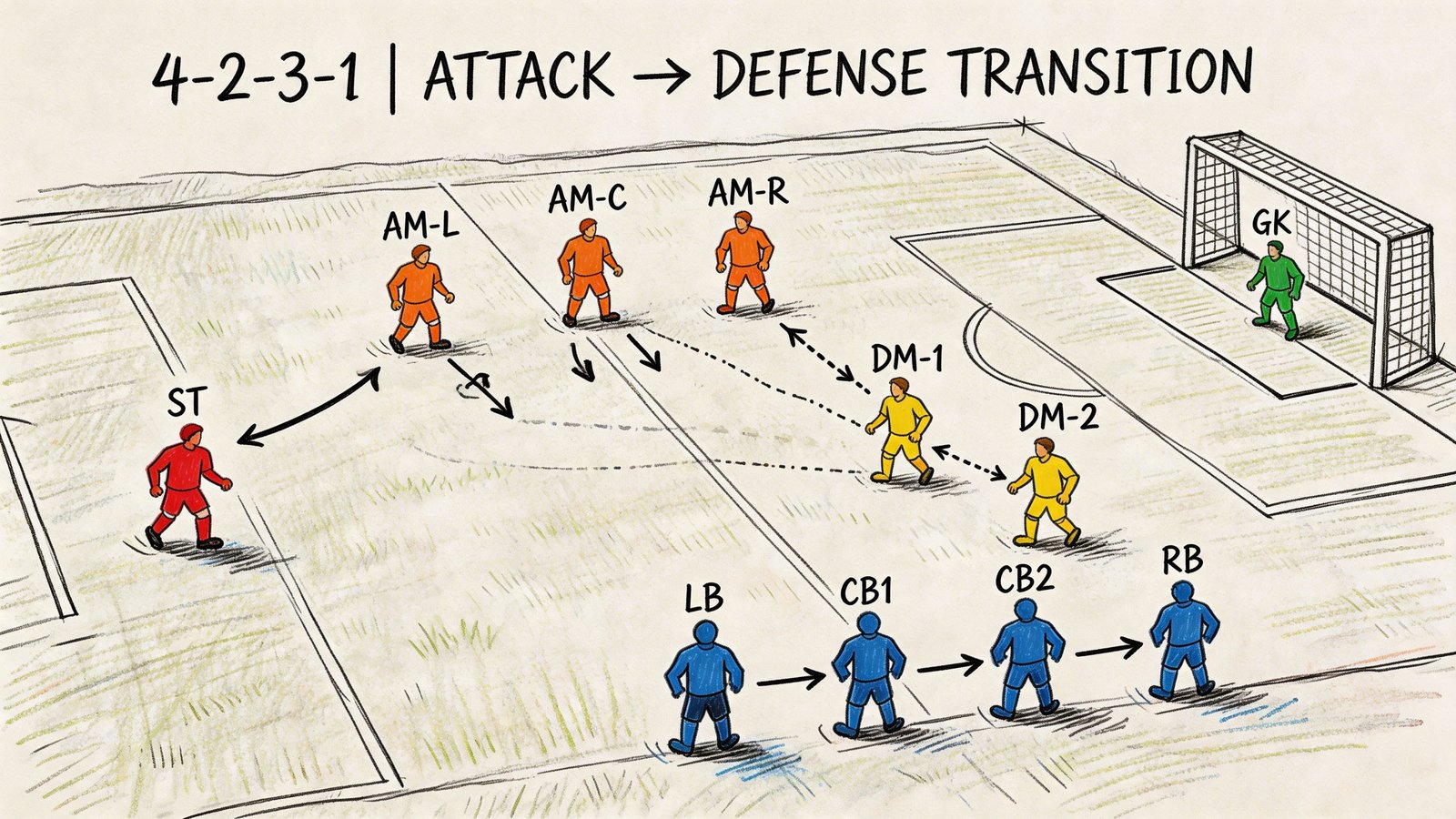 A tactical diagram illustrating the 4-2-3-1 soccer formation transition from attack to defense on a field.