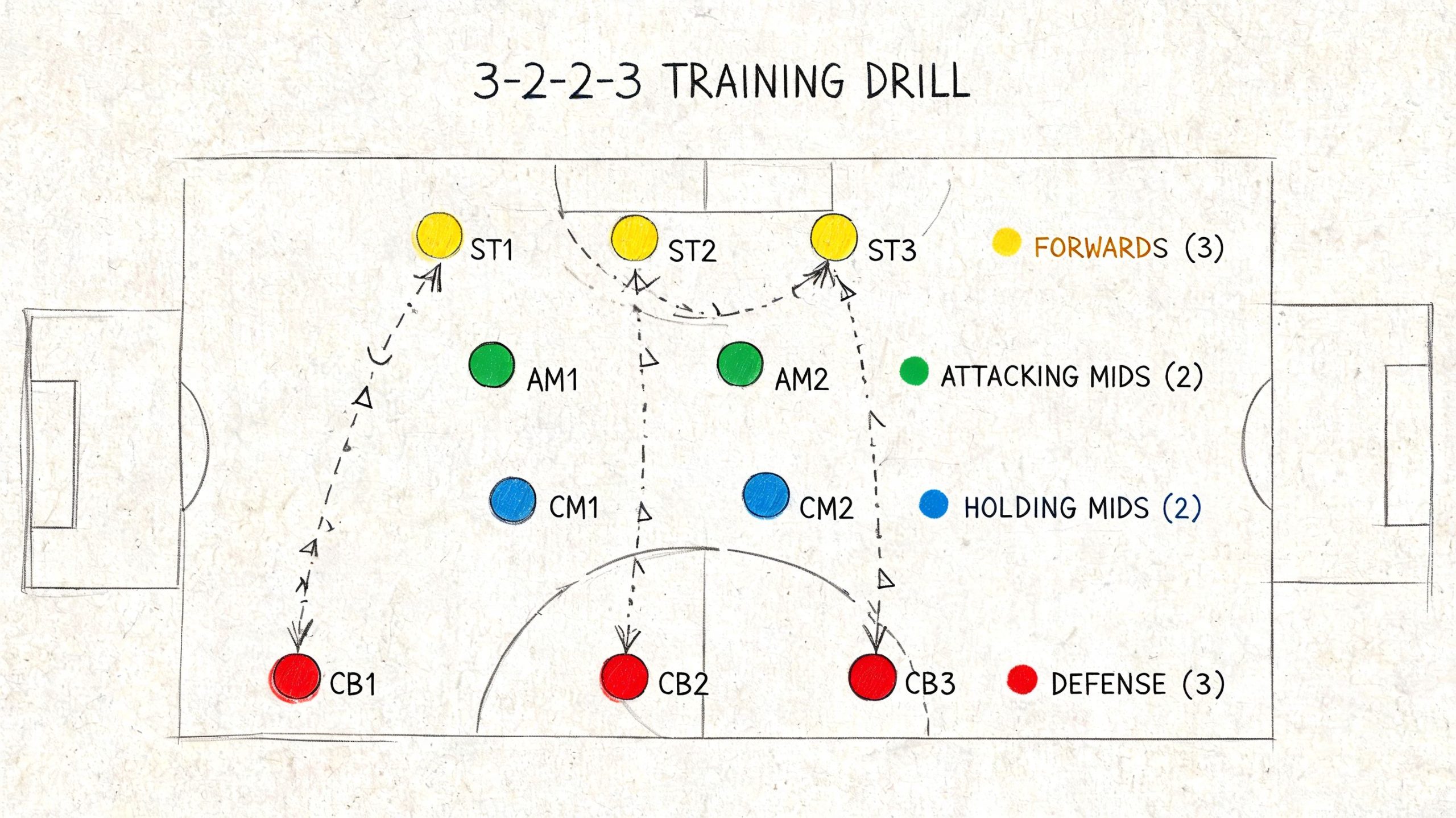 A soccer field diagram illustrating a 3-2-2-3 training drill formation with labeled player positions and arrows.