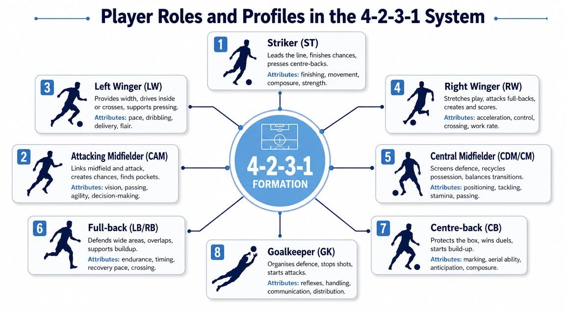 A diagram illustrating the player roles and key attributes within a 4-2-3-1 soccer formation.