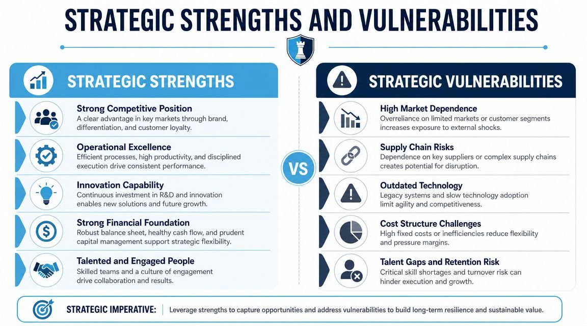 A strategic management infographic comparing organizational strengths and vulnerabilities to build long-term business resilience and growth.