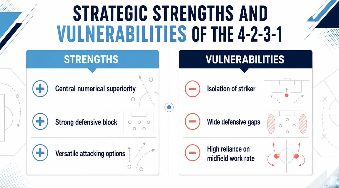 An infographic detailing the strategic strengths and vulnerabilities of the 4-2-3-1 football formation.