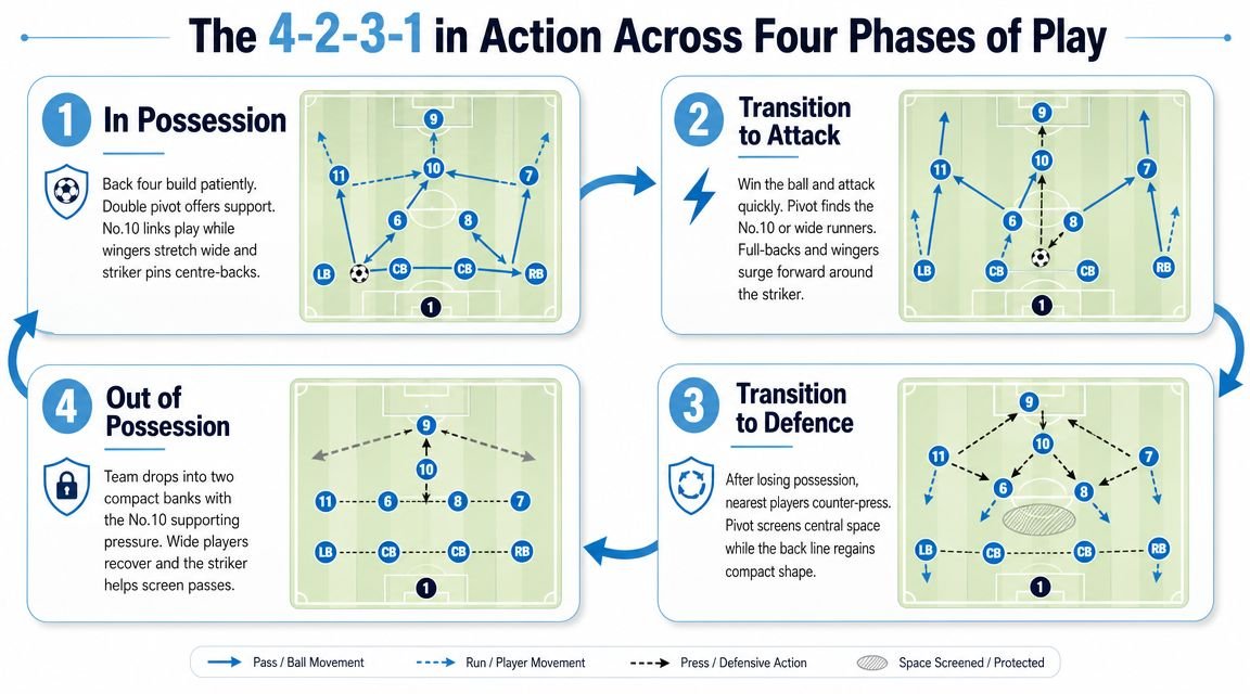A diagram illustrating the four phases of the 4-2-3-1 soccer formation including possession, transition, and defense.