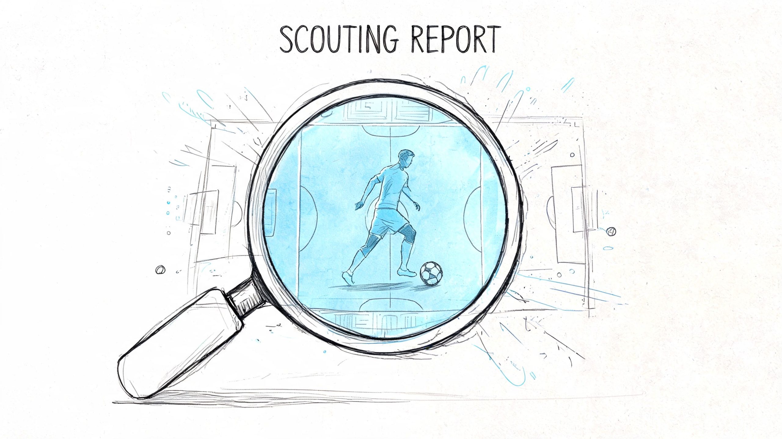 A magnifying glass focusing on a sketch of a soccer player dribbling on a field.