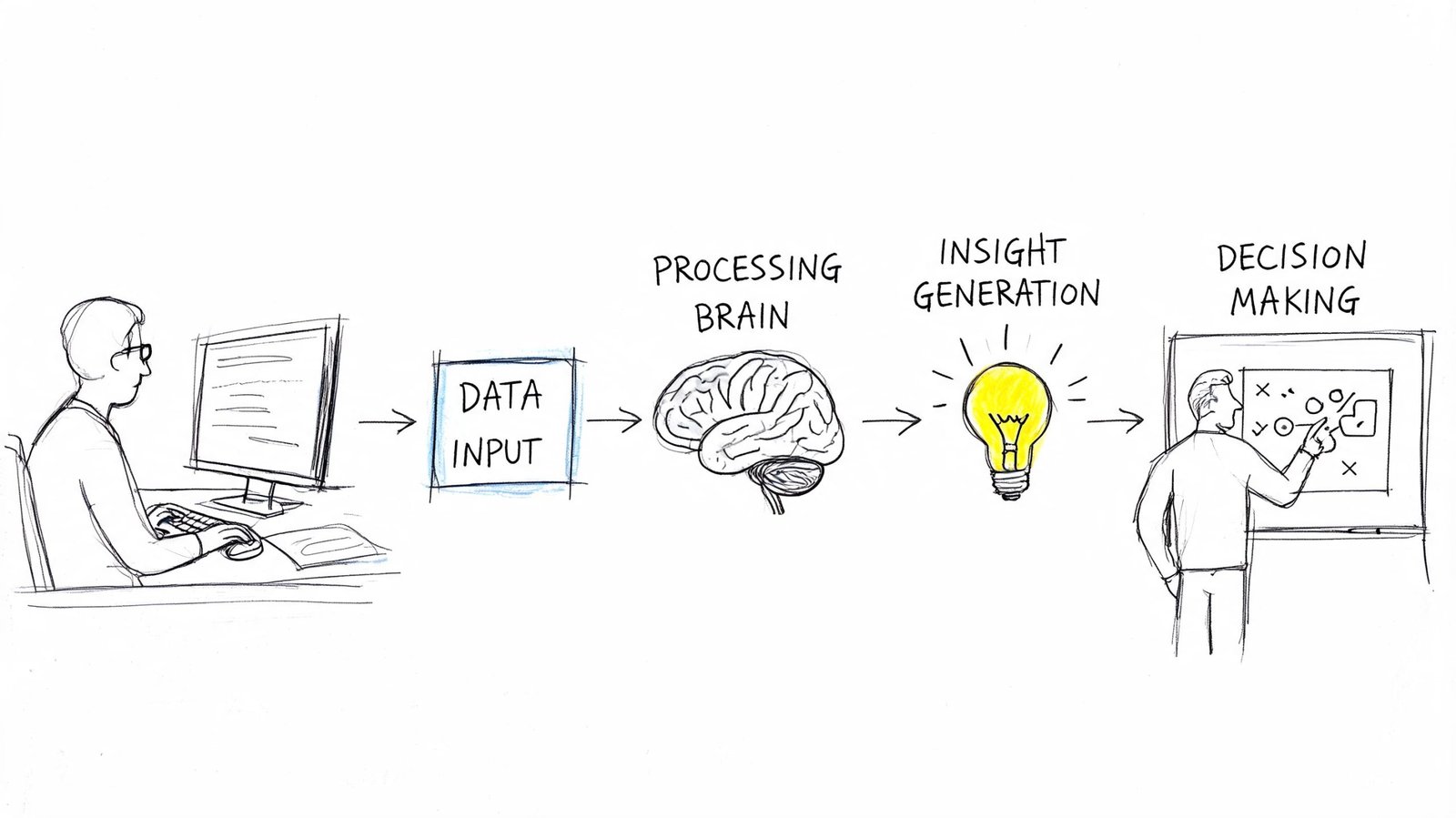 A hand-drawn illustration showing the flow from computer data input to brain processing, insight generation, and decision making.