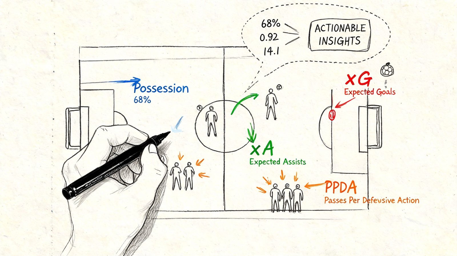 A hand-drawn sketch illustrating key football analytics metrics including Possession, xG, xA, and PPDA on a pitch.