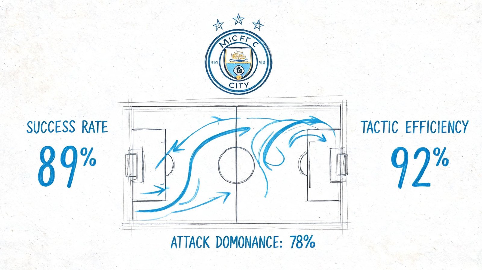 A digital graphic displaying Manchester City football club performance analytics including success rate, tactic efficiency, and attack dominance.