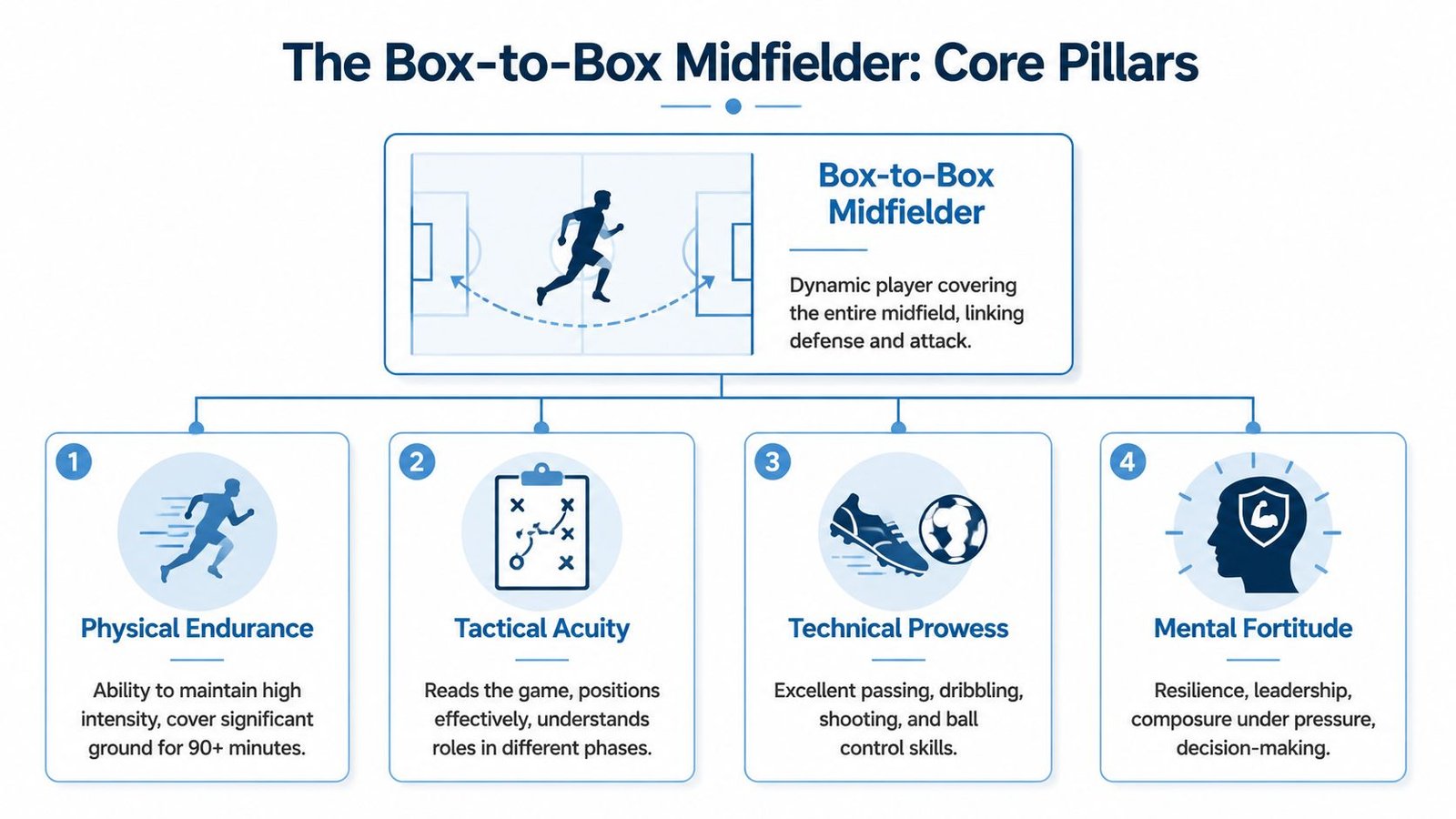 A diagram illustrating the four core pillars of a box-to-box midfielder in football: physical endurance, tactical acuity, technical prowess, and mental fortitude.