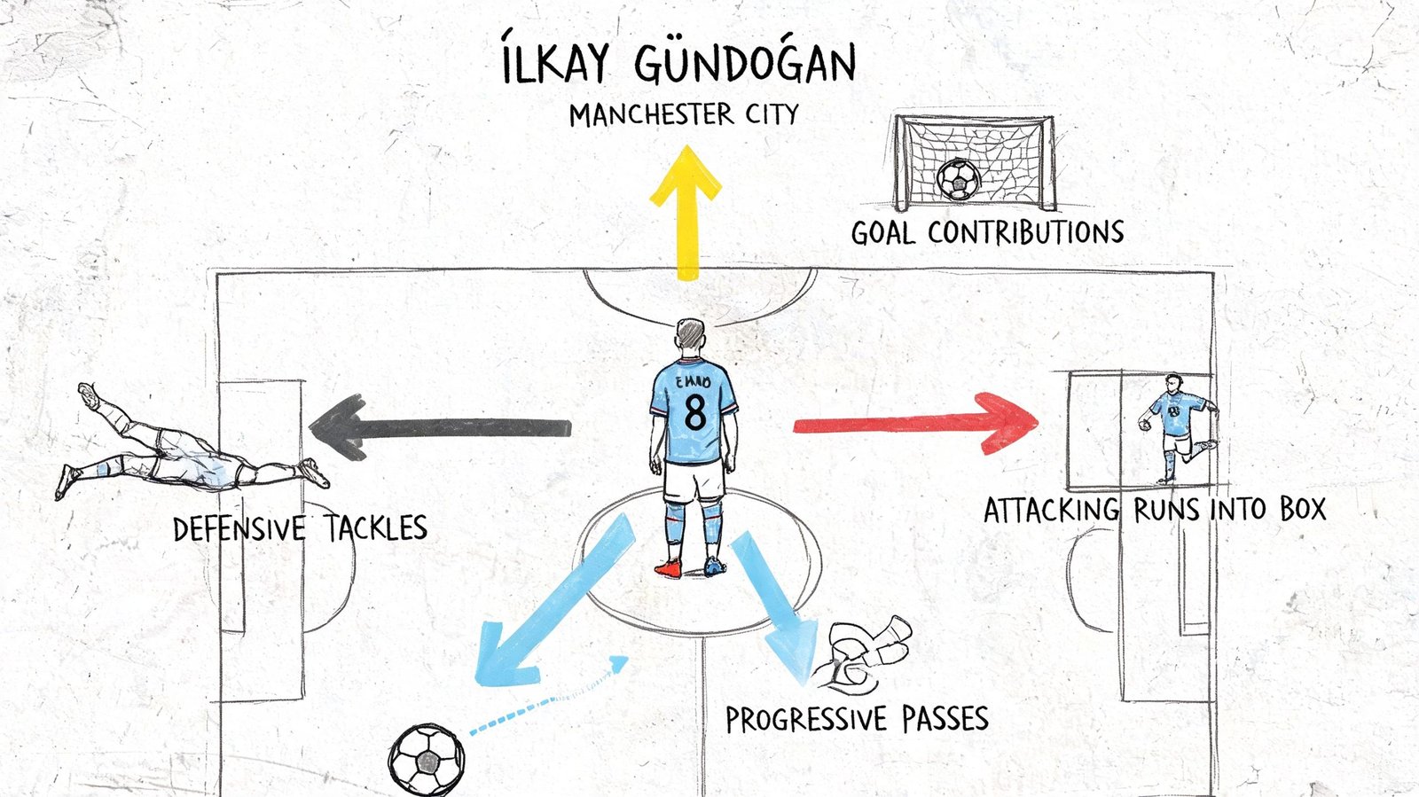 An illustration of İlkay Gündoğan showing his role as a versatile box-to-box midfielder for Manchester City.
