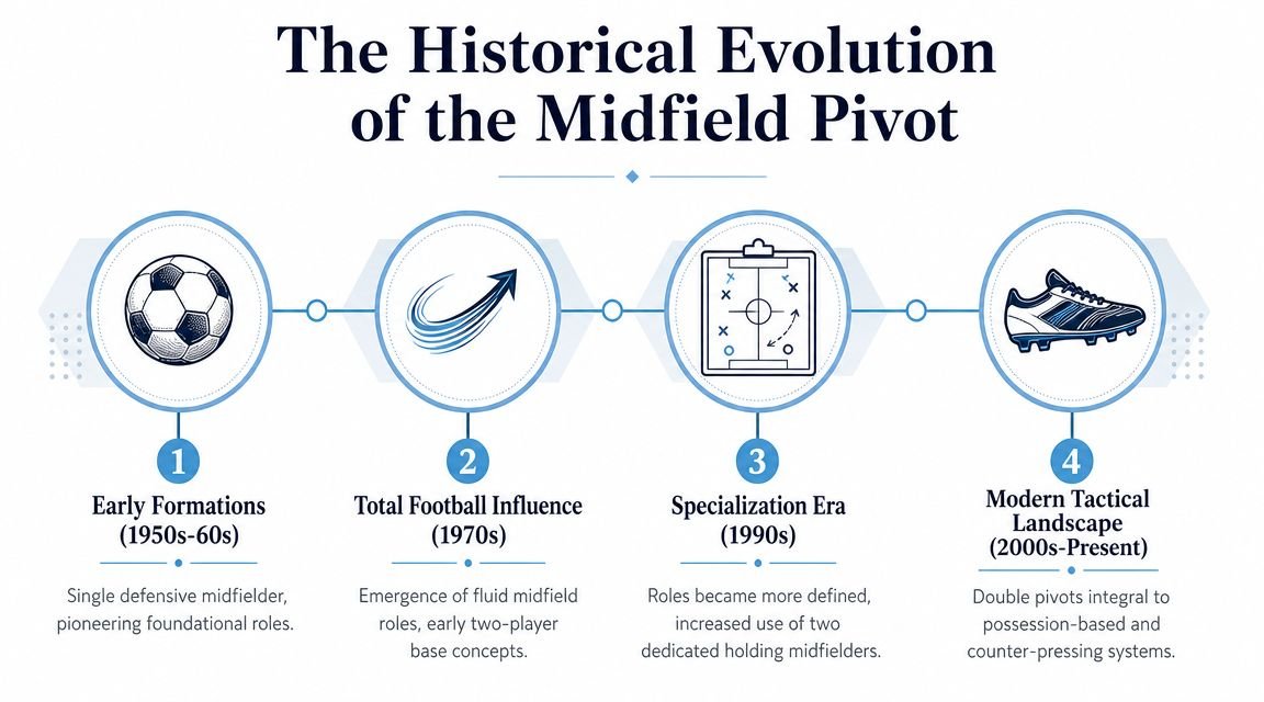 A timeline graphic showing the historical evolution of the football midfield pivot from the 1950s to present.