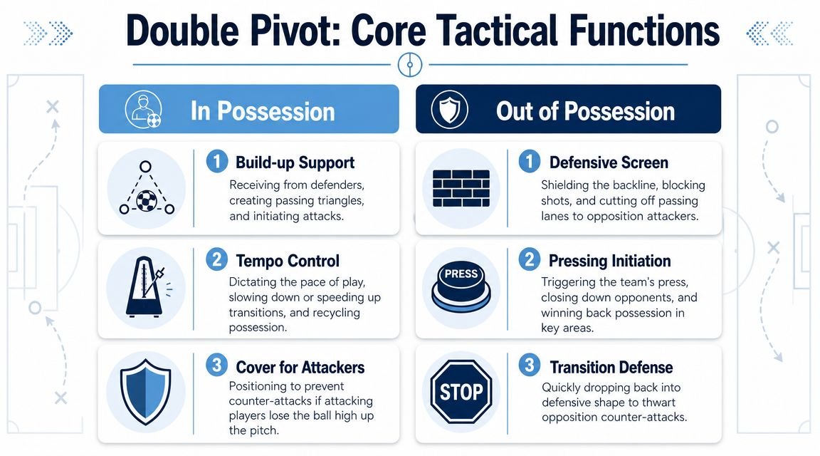 A tactical infographic explaining the core functions of a football double pivot in and out of possession.