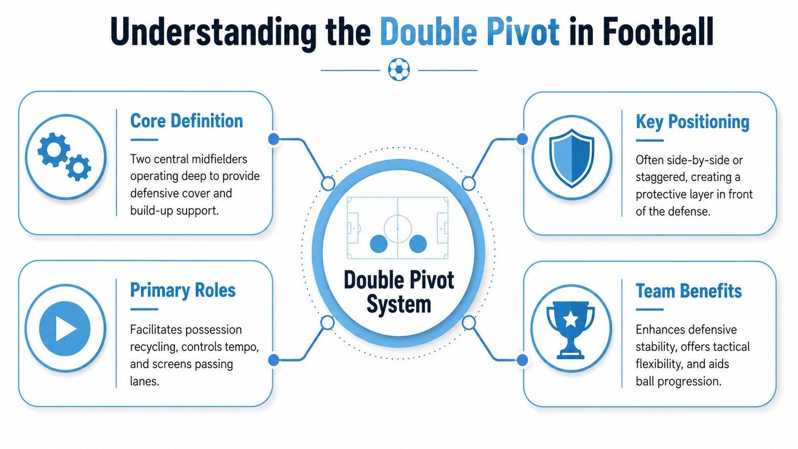 An educational infographic explaining the tactical double pivot system in football with four key aspects.