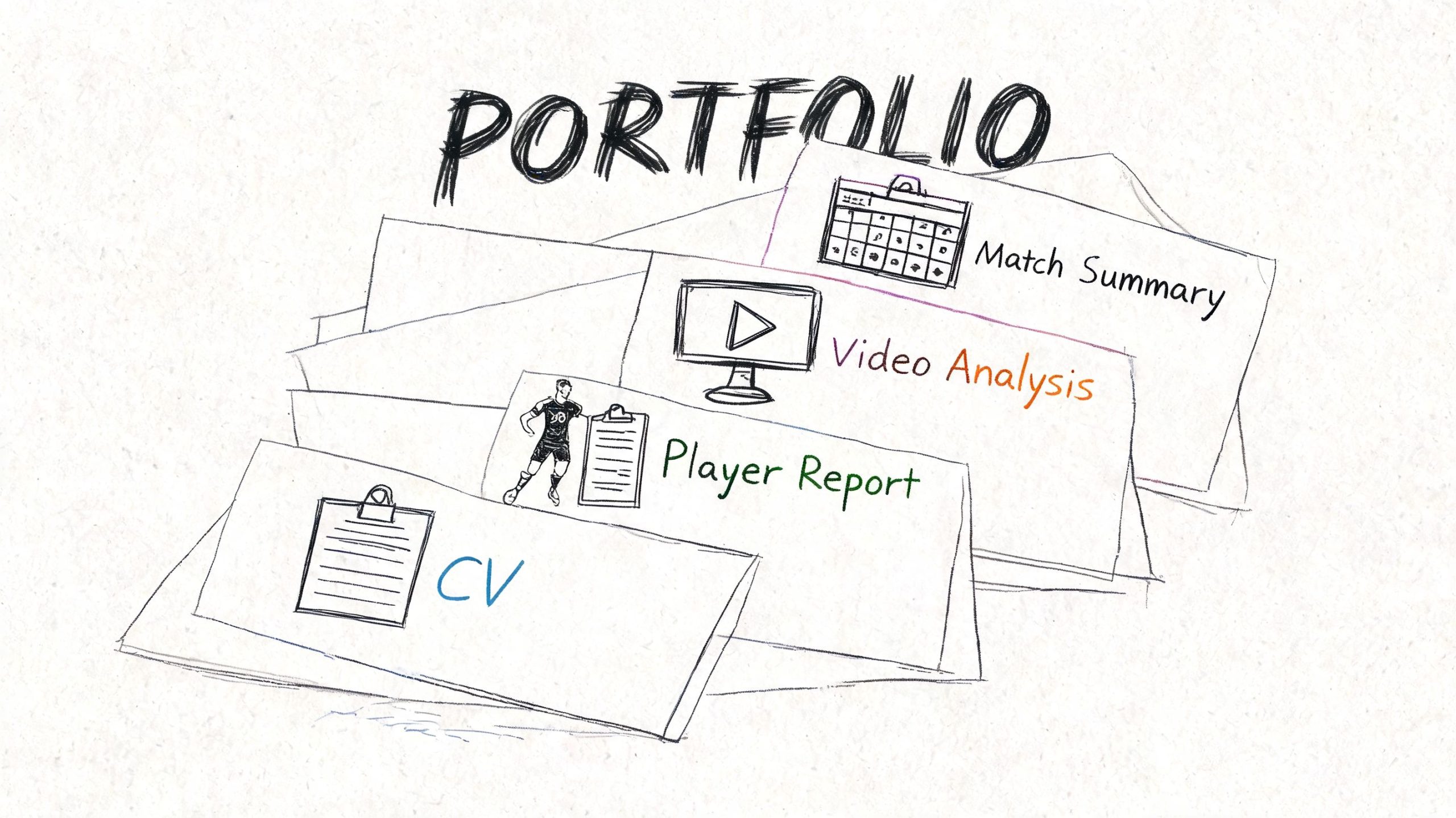 A sketched illustration of a sports portfolio containing a CV, player report, video analysis, and match summary.