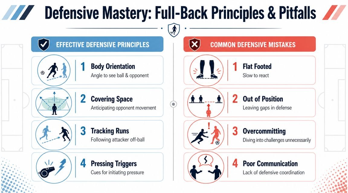 An educational infographic outlining the essential principles and common mistakes for soccer full-back defensive play.