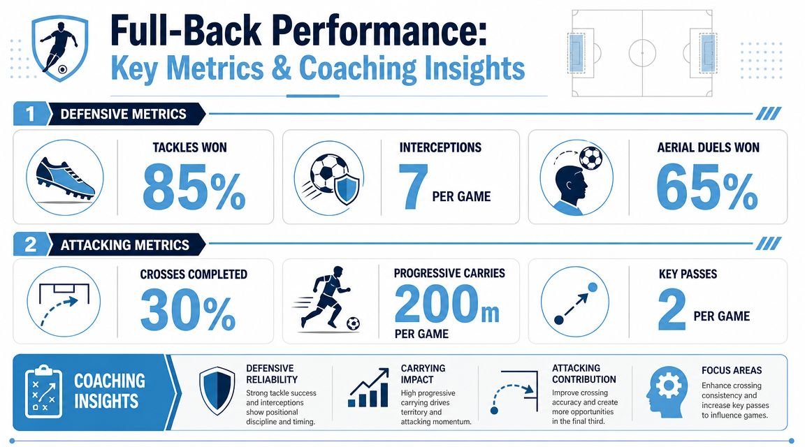 An infographic showing defensive and attacking statistics for the full back position in a soccer match.