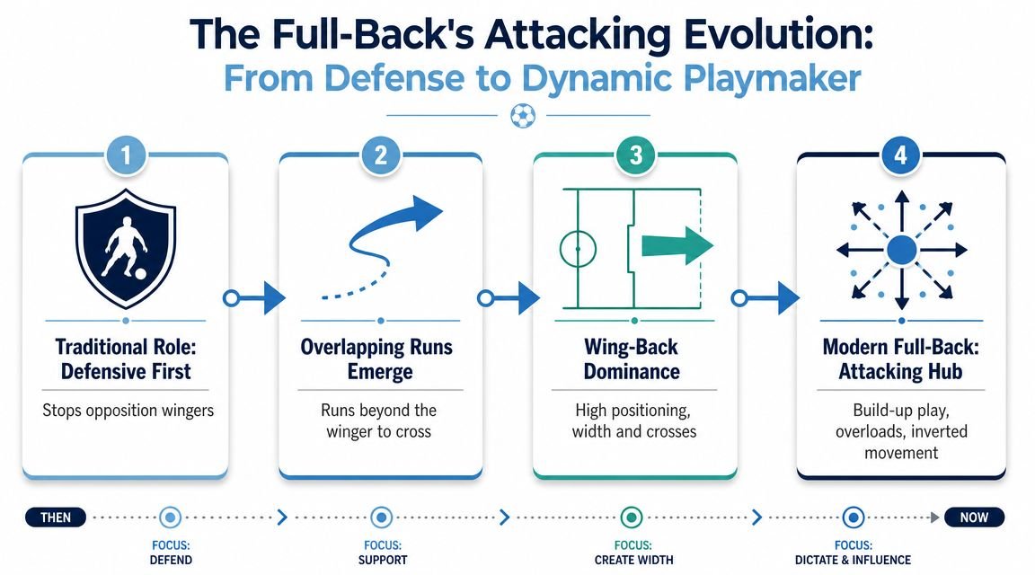An infographic showing the historical evolution of the full-back position in soccer from defensive to playmaking roles.