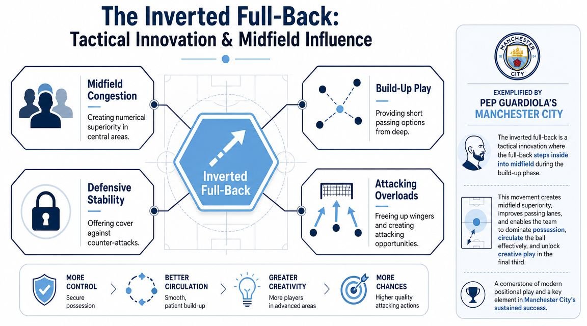 A tactical infographic explaining the inverted full-back position and its influence on modern soccer strategy.