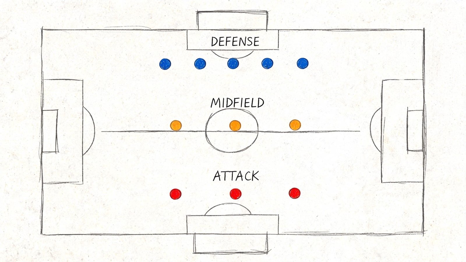 A hand-drawn tactical soccer diagram showing player positions arranged into defense, midfield, and attack sections.