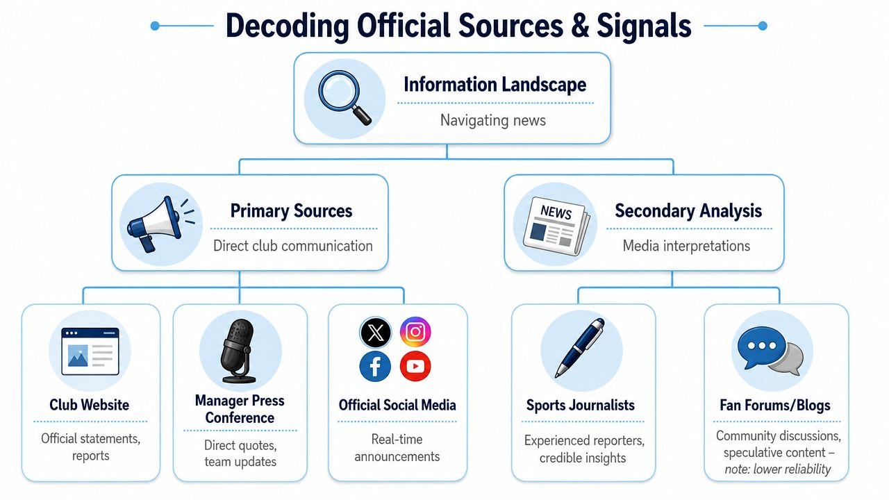 A diagram illustrating the hierarchy of sports news sources, from official club communications to secondary media analysis.