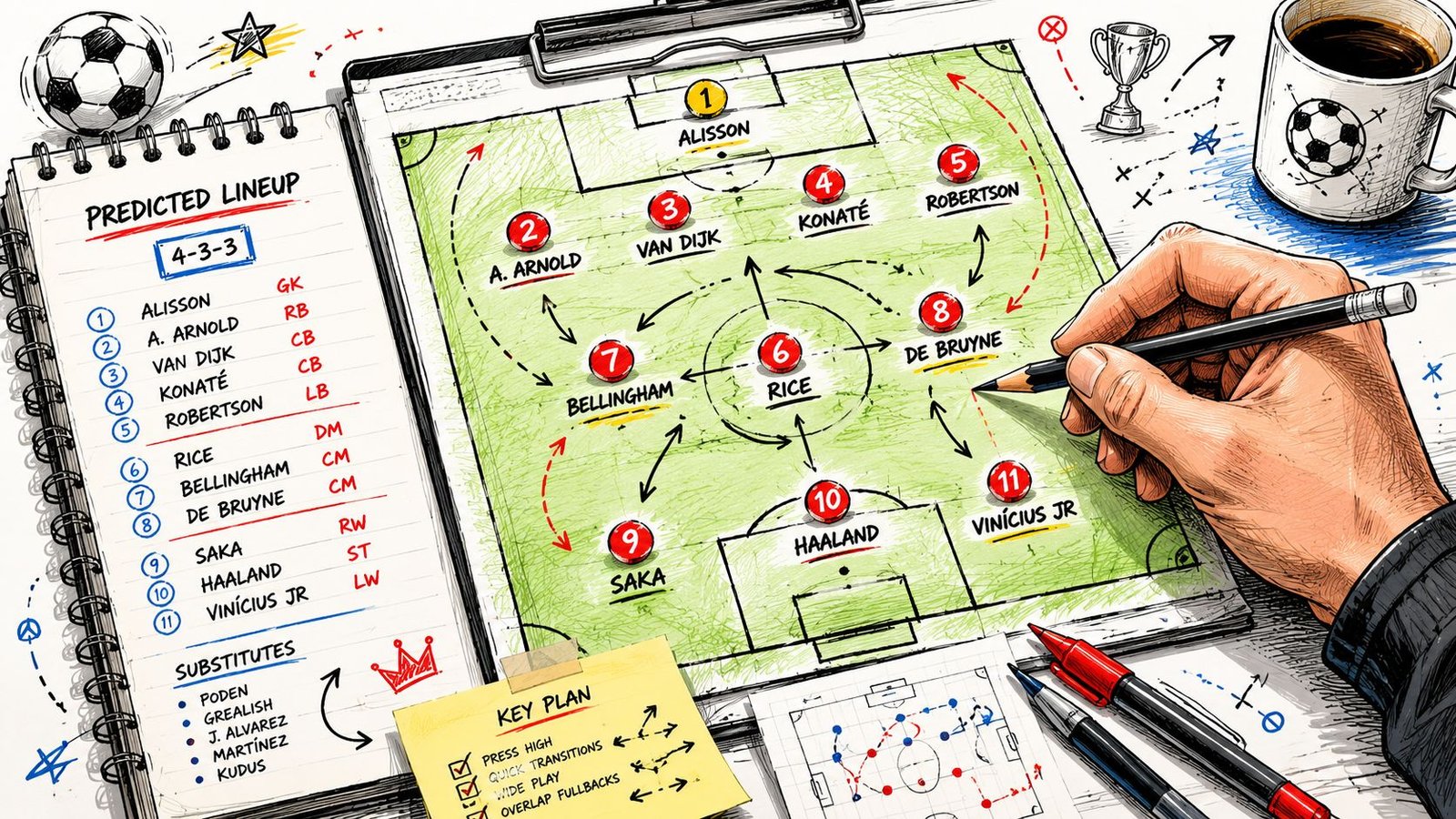 A tactical soccer chalkboard showing a 4-3-3 formation with star players on a pitch illustration.