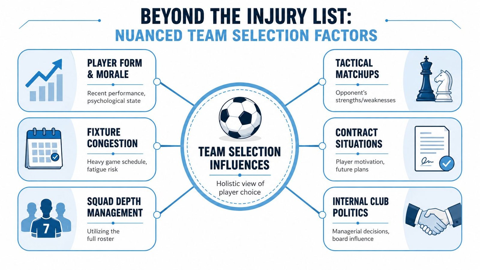 An infographic titled Beyond the Injury List detailing six key factors that influence football team selection.
