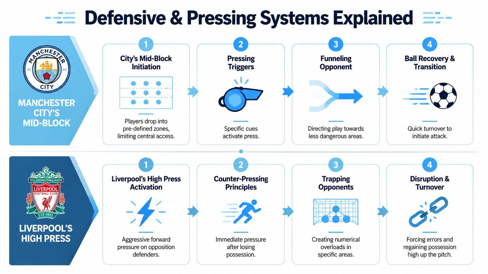 An infographic comparing Manchester City's mid-block defensive system with Liverpool's high-pressing tactical strategy in football.