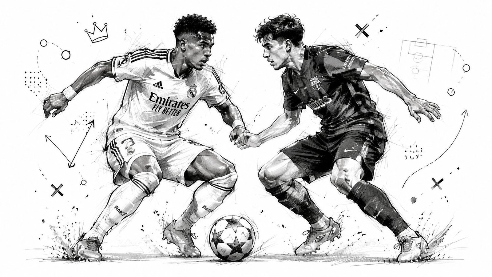A dynamic sketch illustration showing two soccer players competing for the ball during an intense match.