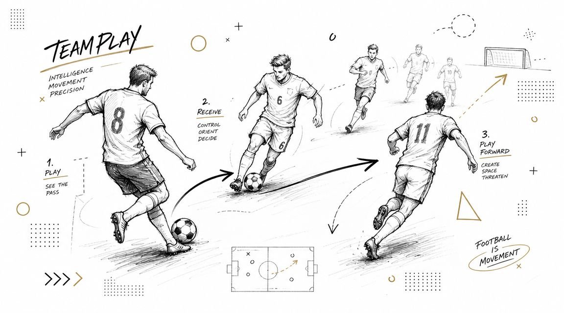 A conceptual sketch showing soccer players moving with a ball, labeled with team play strategy steps.