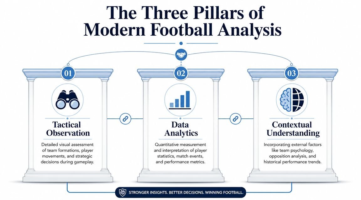 A diagram illustrating the three pillars of modern football analysis: tactical observation, data analytics, and contextual understanding.