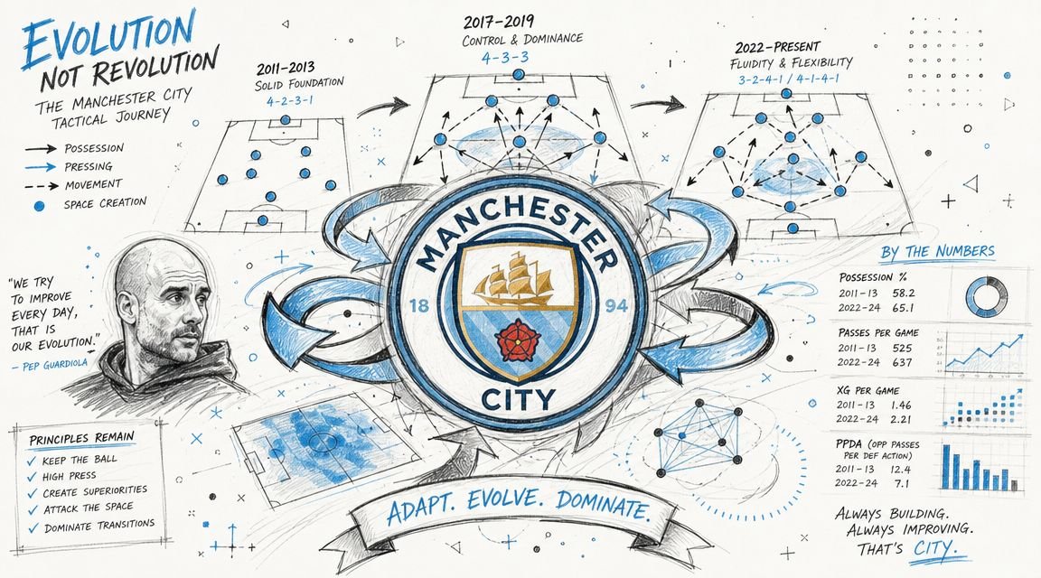 An infographic showing the evolution of Manchester City's tactical formations and statistics under manager Pep Guardiola.
