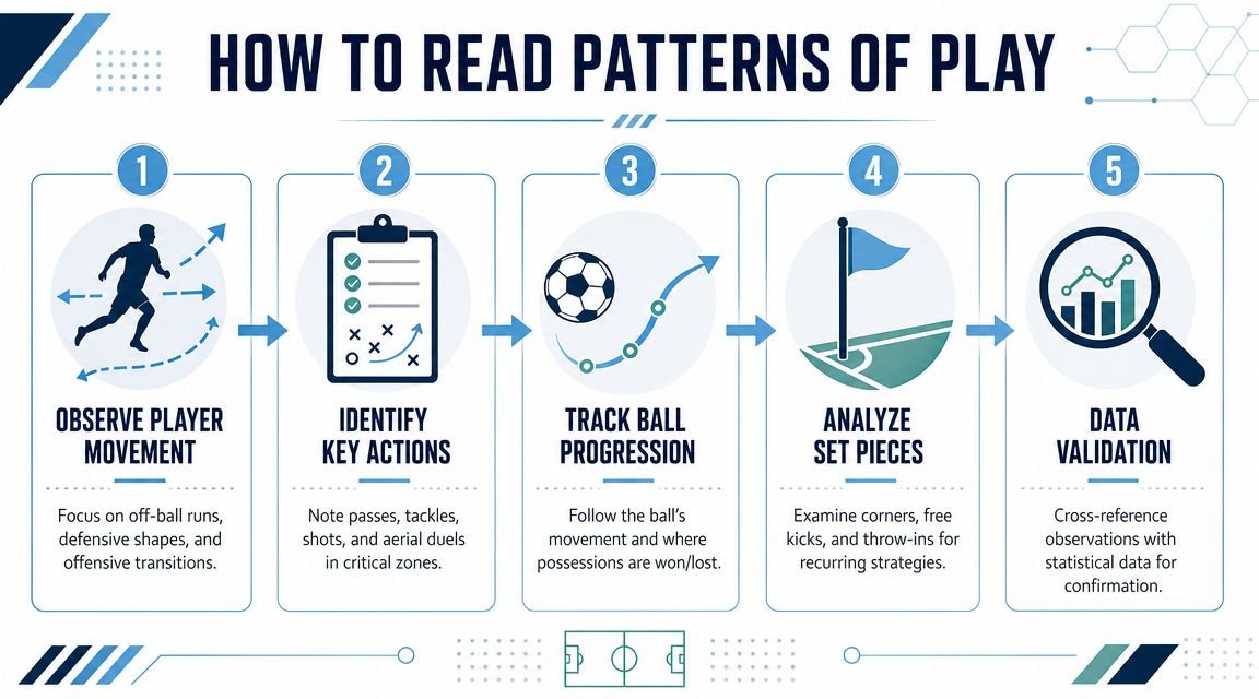 An infographic titled How to Read Patterns of Play, detailing five steps to analyze football strategies.