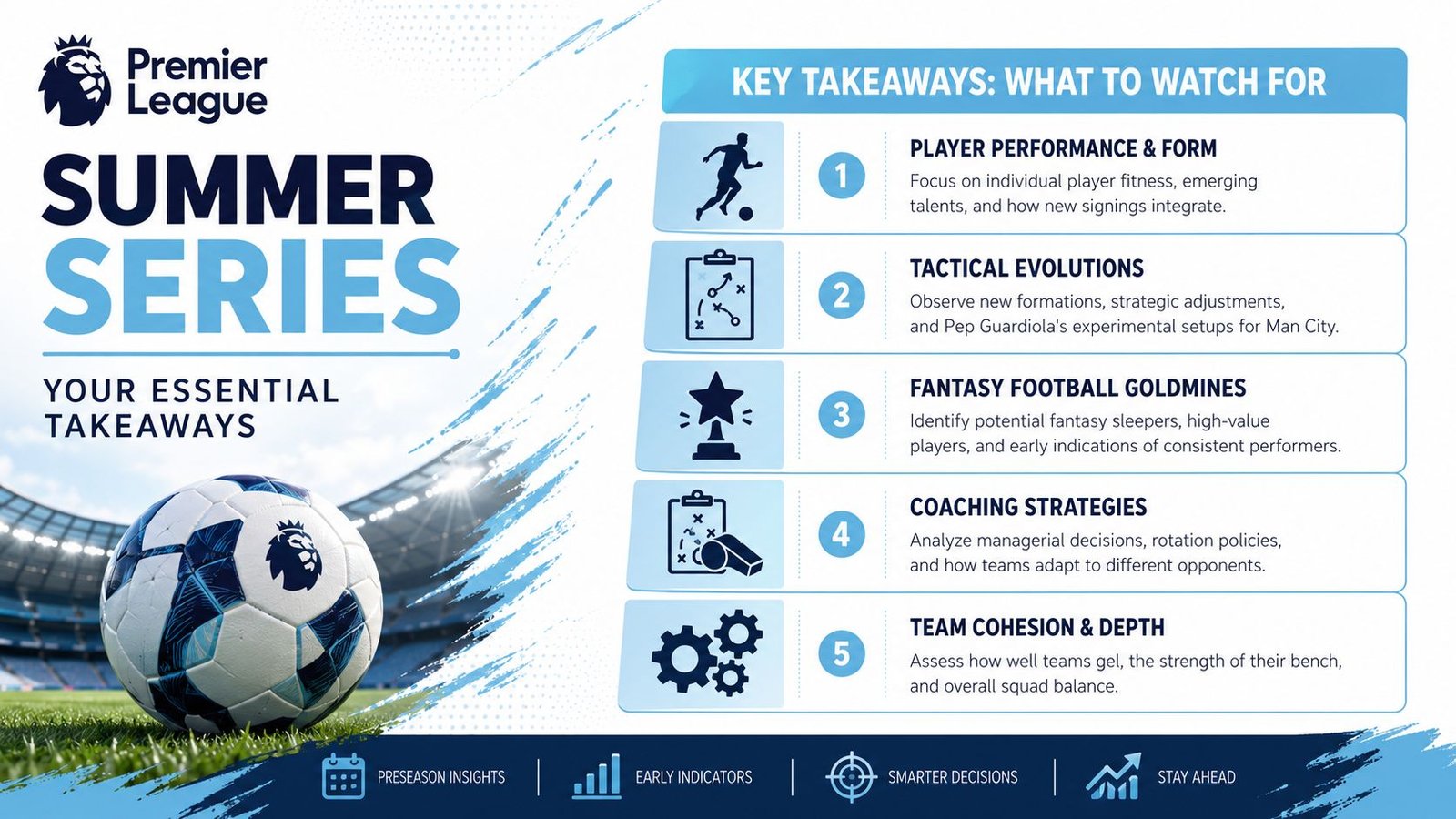 An infographic titled Premier League Summer Series listing five key tactical takeaways for football fans during preseason.