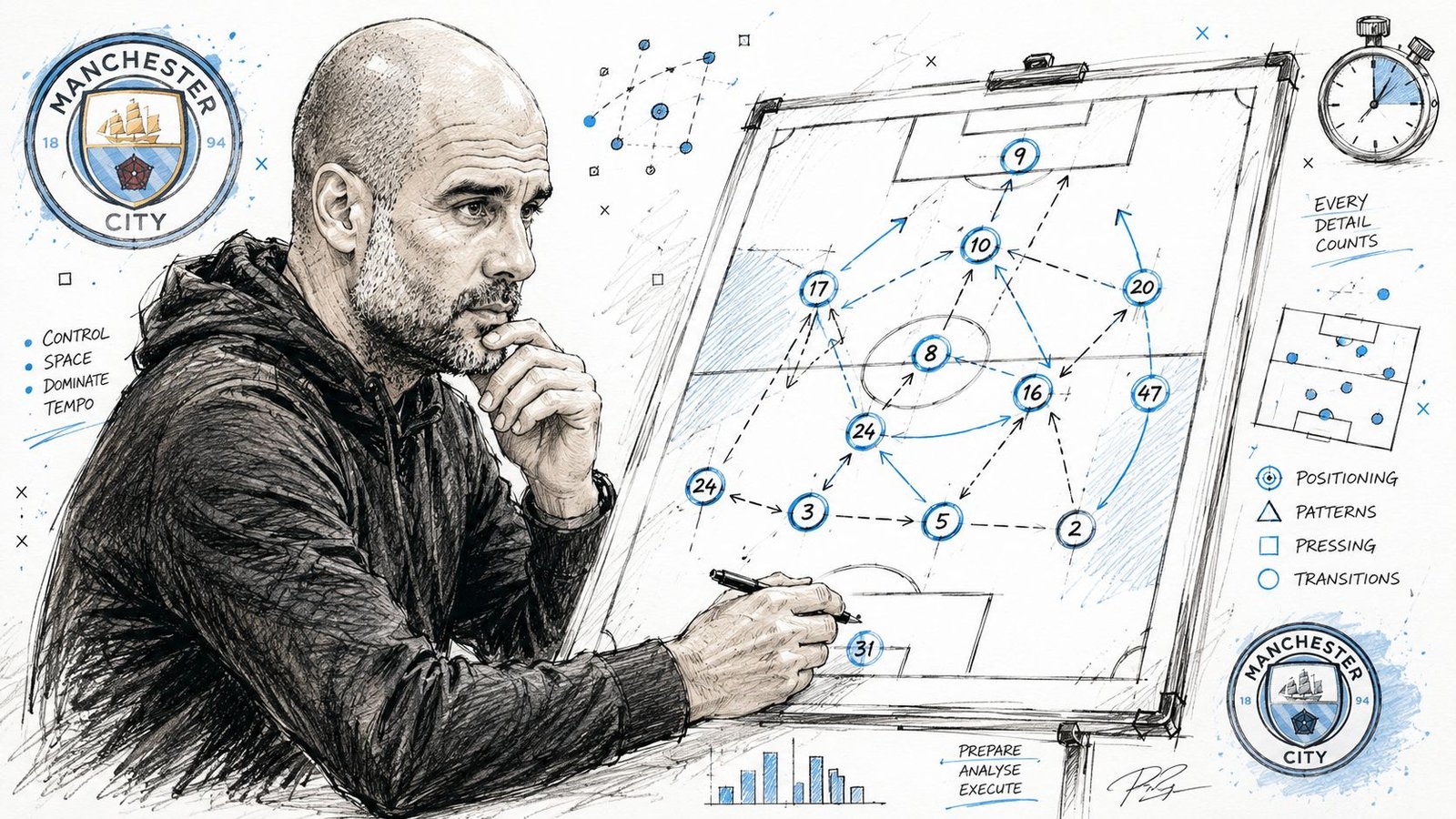 A detailed illustration of Pep Guardiola analyzing a Manchester City tactical formation on a whiteboard.