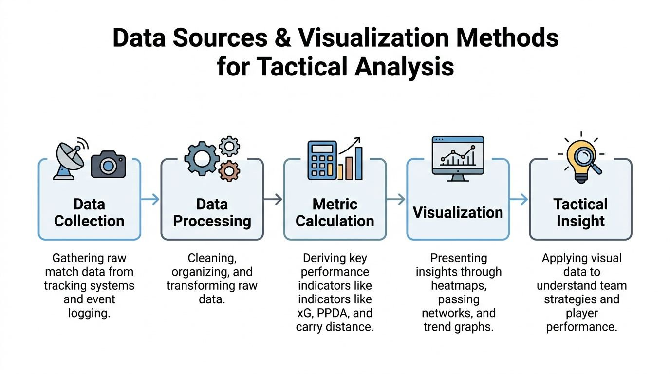 A flowchart showing the five-step process of tactical analysis in sports, from data collection to insights.
