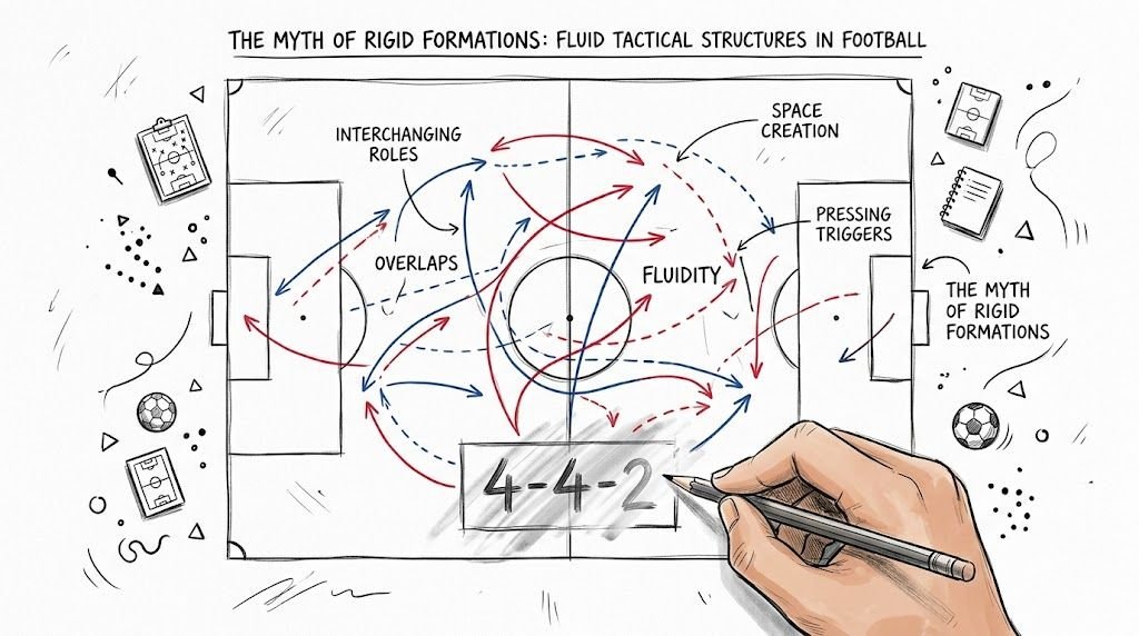 A conceptual sketch on a football field showing fluid tactical movements instead of rigid 4-4-2 formations.