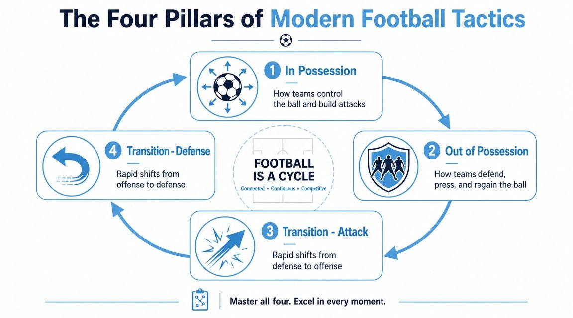 A diagram illustrating the four pillars of modern football tactics, shown as a continuous, cyclical process.