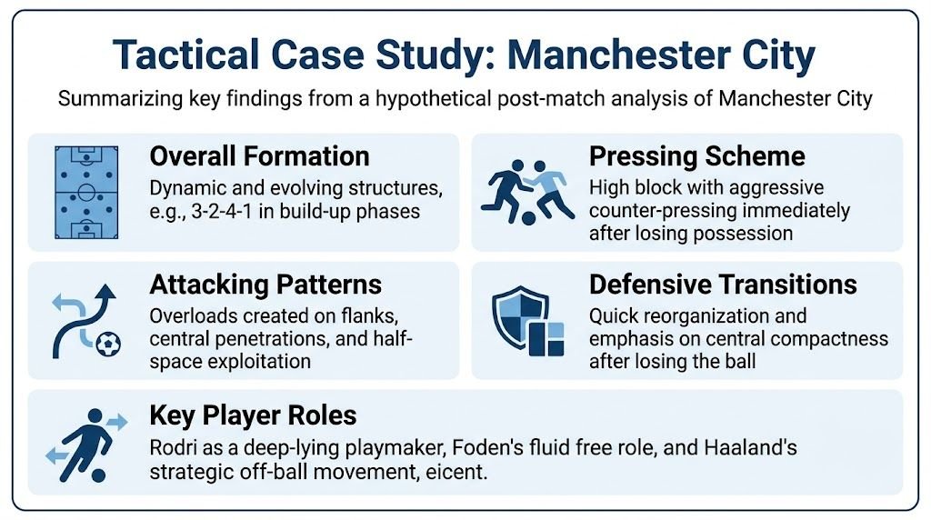A tactical infographic summarizing Manchester City's formation, pressing scheme, attacking patterns, defensive transitions, and key player roles.