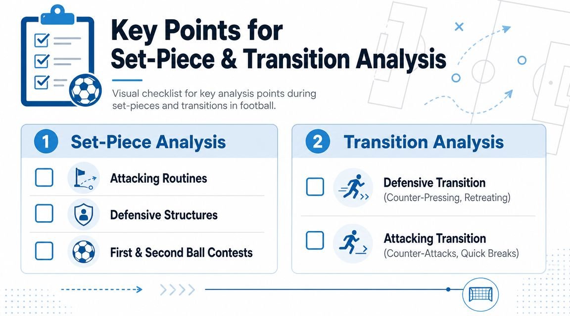 A visual checklist infographic for football set-piece and transition analysis including key tactical components.