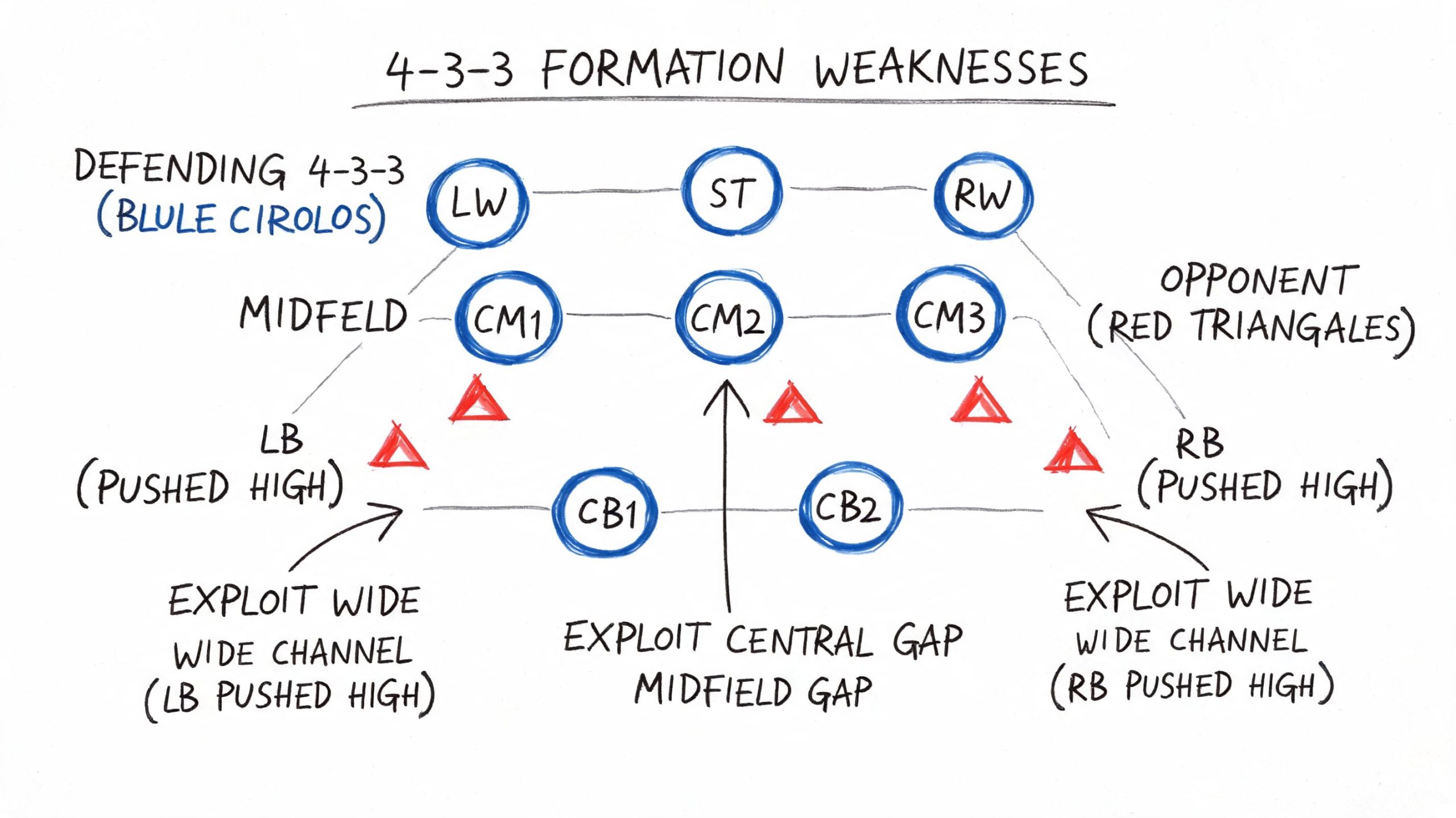 A diagram illustrating soccer 4-3-3 formation weaknesses, highlighting exploited gaps in the midfield and wide channels.
