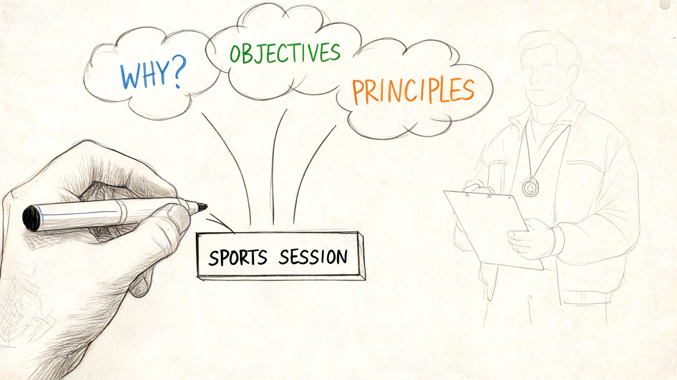 A hand drawing a diagram for a sports session featuring concepts of why, objectives, and principles.