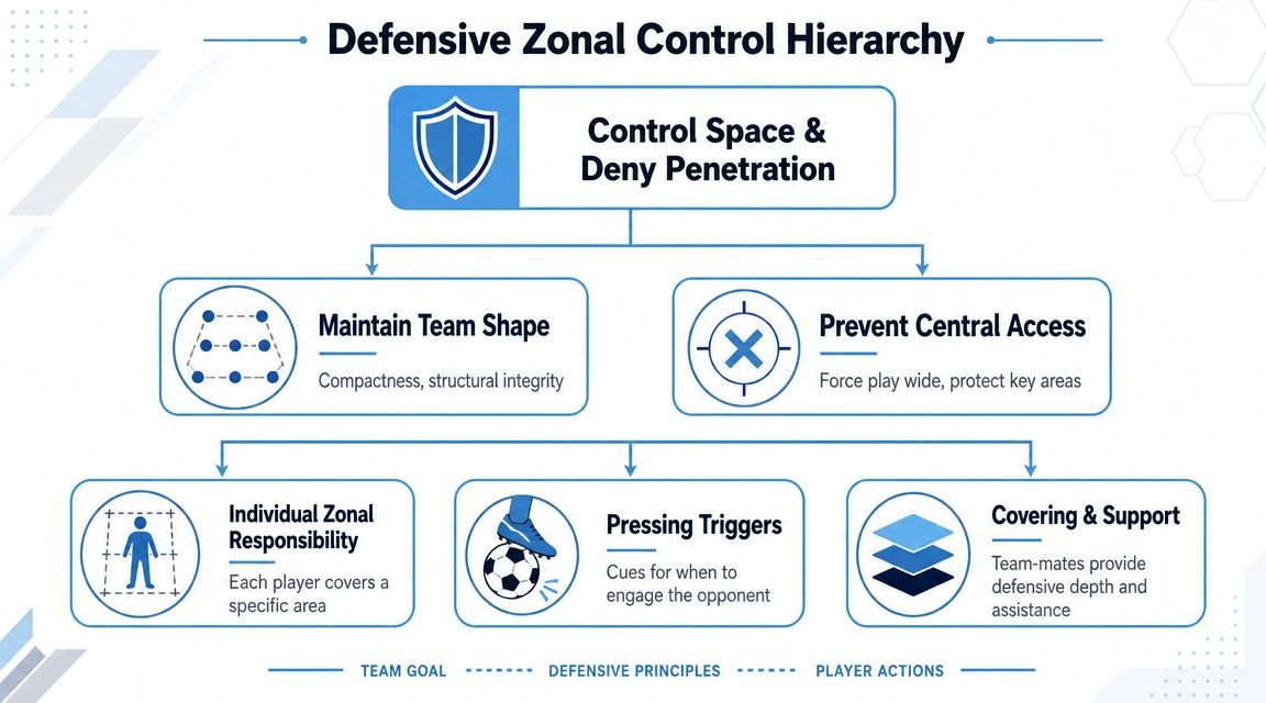 A hierarchical flowchart titled Defensive Zonal Control Hierarchy illustrating team goals, principles, and player actions in soccer.