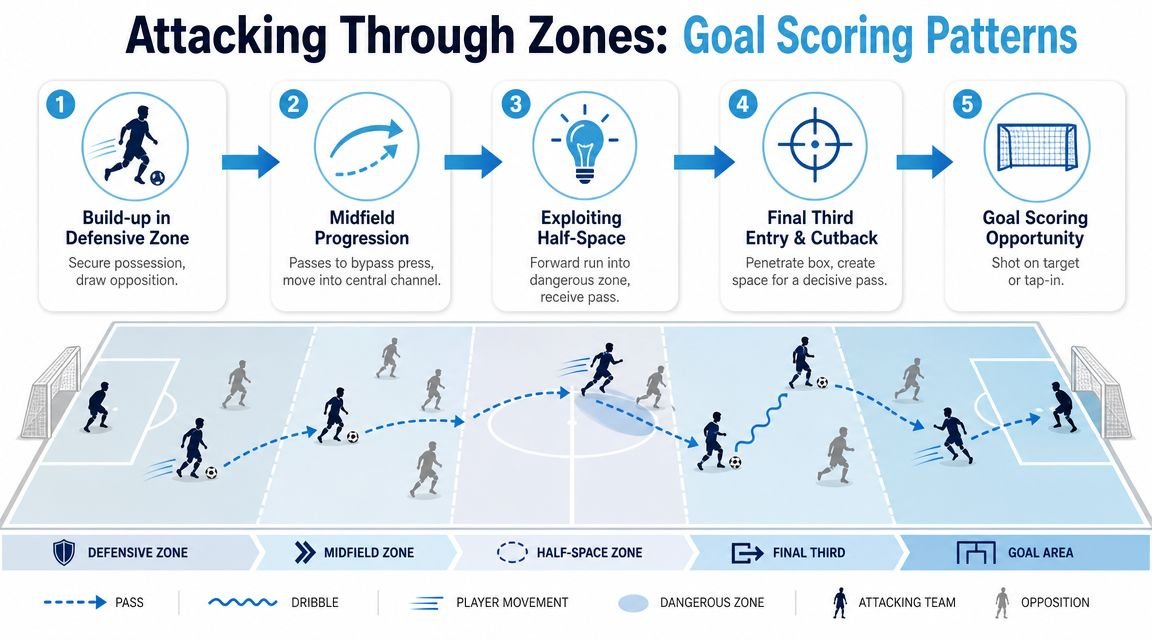 A diagram illustrating soccer goal scoring patterns through build-up, midfield progression, half-space exploitation, and final third entry.