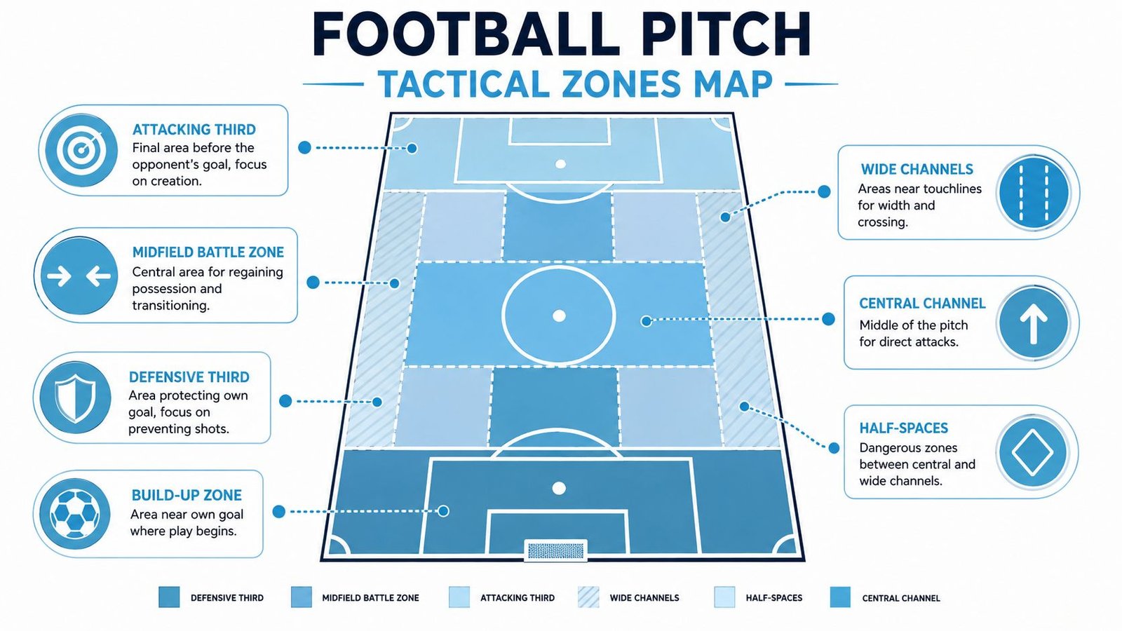 A tactical football pitch map illustration detailing key zones like attacking, defensive, and half-space areas for play.