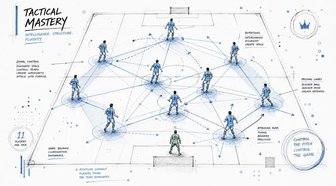 A detailed tactical sketch of a football pitch showing player positioning, movement arrows, and strategic zones.